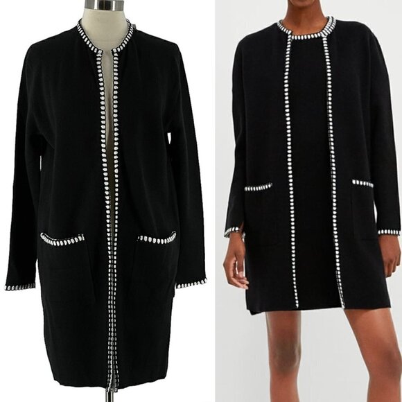 Zara NWT Black White Trim Sweater Knit Long Line Open Front Jacket Cardigan M - Picture 1 of 8